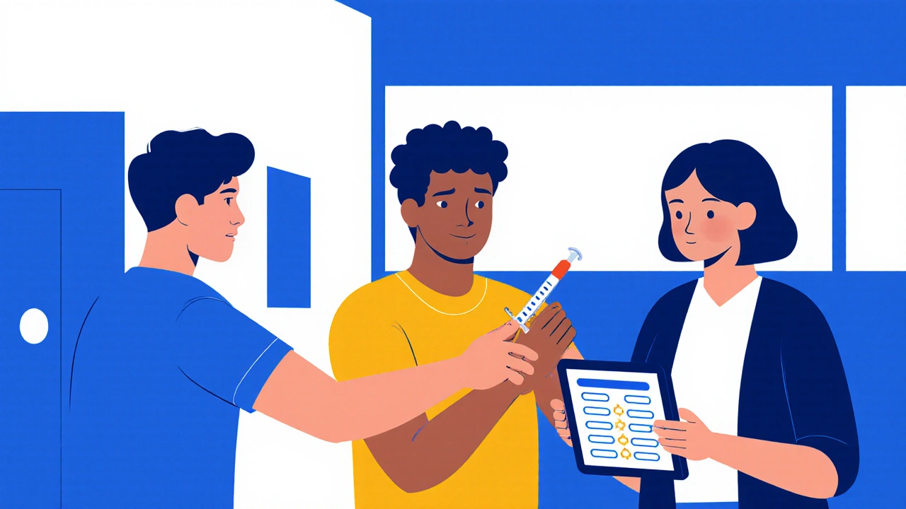 Diverse people in a clinic receiving hepatitis testing and vaccination in minimalist Bauhaus design.