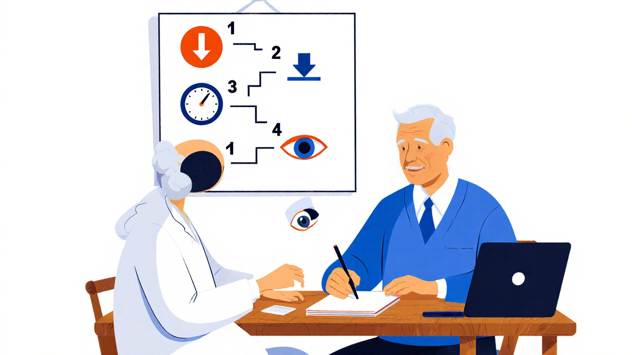 Doctor and patient reviewing a five-step deprescribing flowchart with abstract icons.