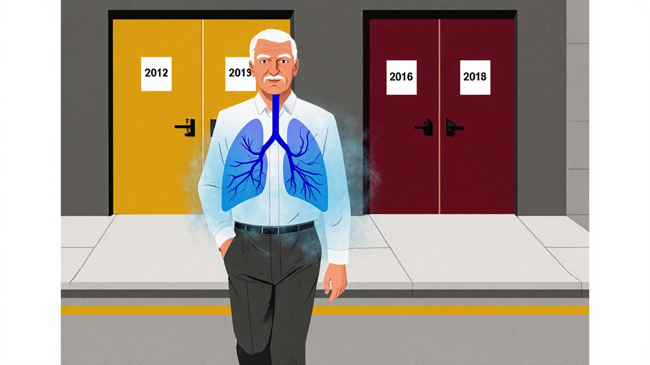 Elderly man walking confidently, fluid buildup dissolving, hospital doors closing behind him.