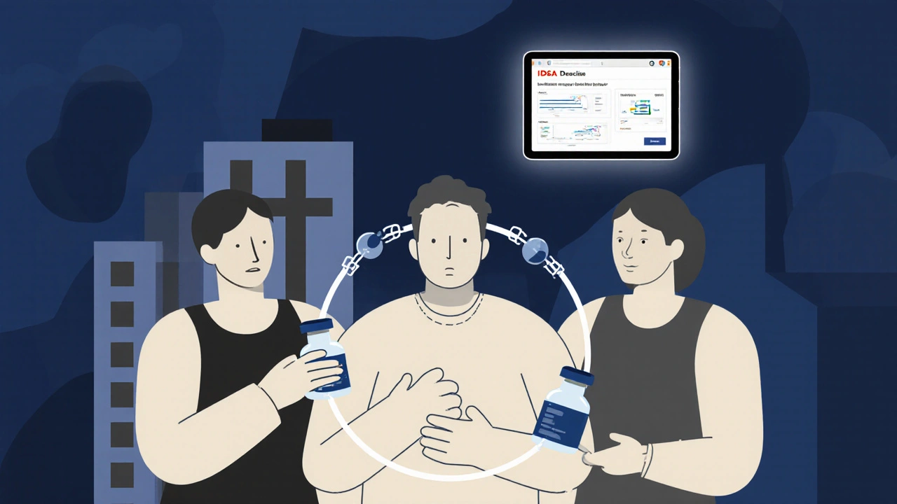 Family members forming a protective circle around an immunocompromised person, each holding a vaccine vial in geometric style.