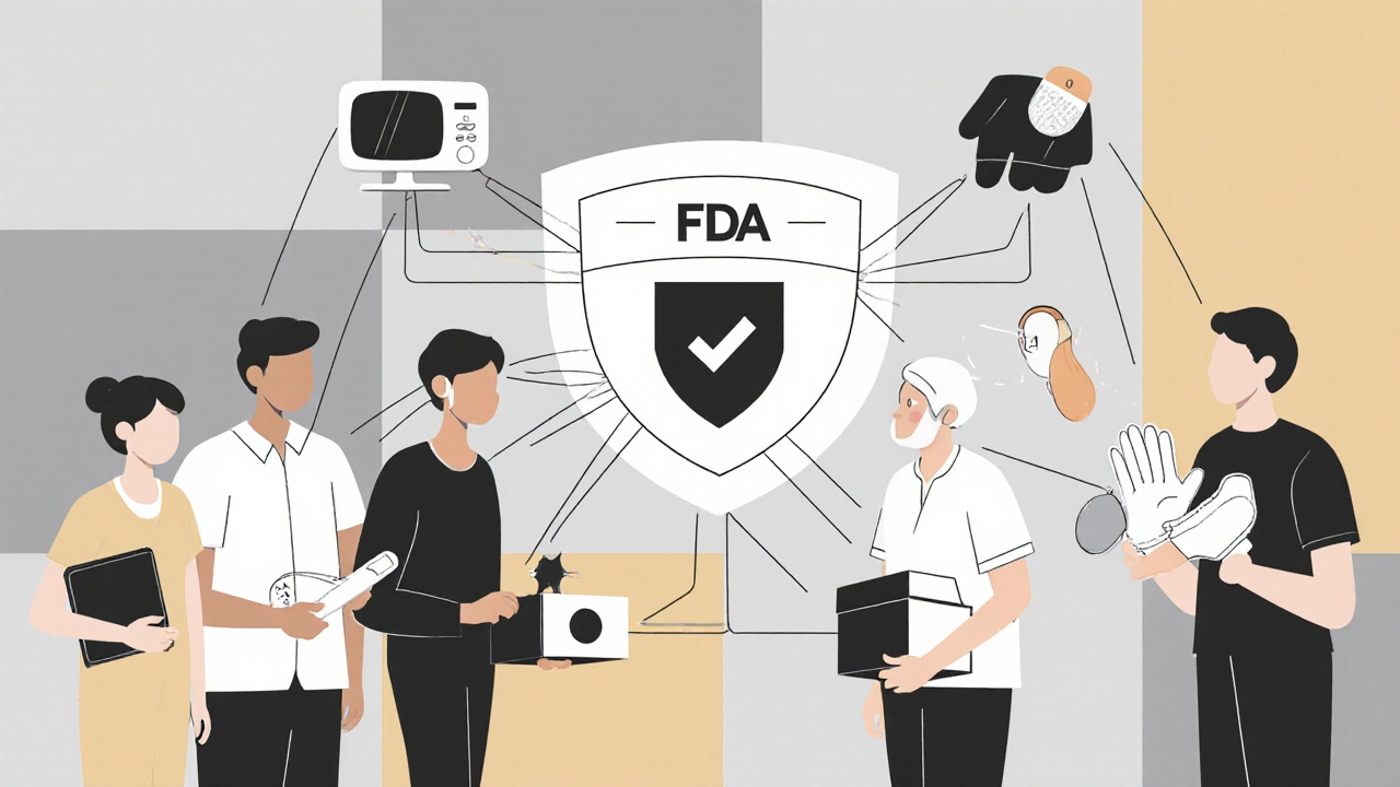 Four people connected by lines to an FDA shield logo, each holding a regulated product.