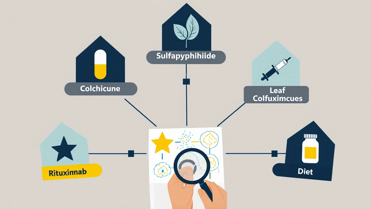 Geometric medical decision tree showing Dapsone alternatives with icons and blood cell diagram.