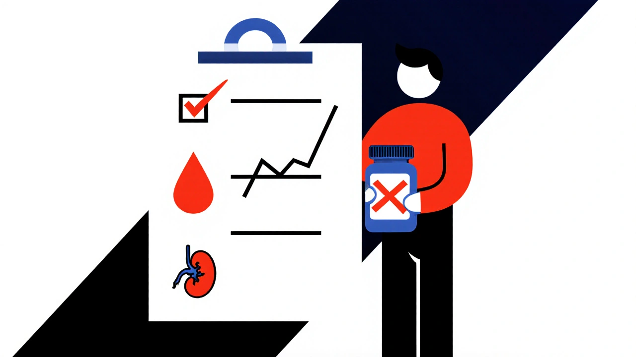 Minimalist figure beside medical icons symbolizing kidney, blood, and monitoring checks