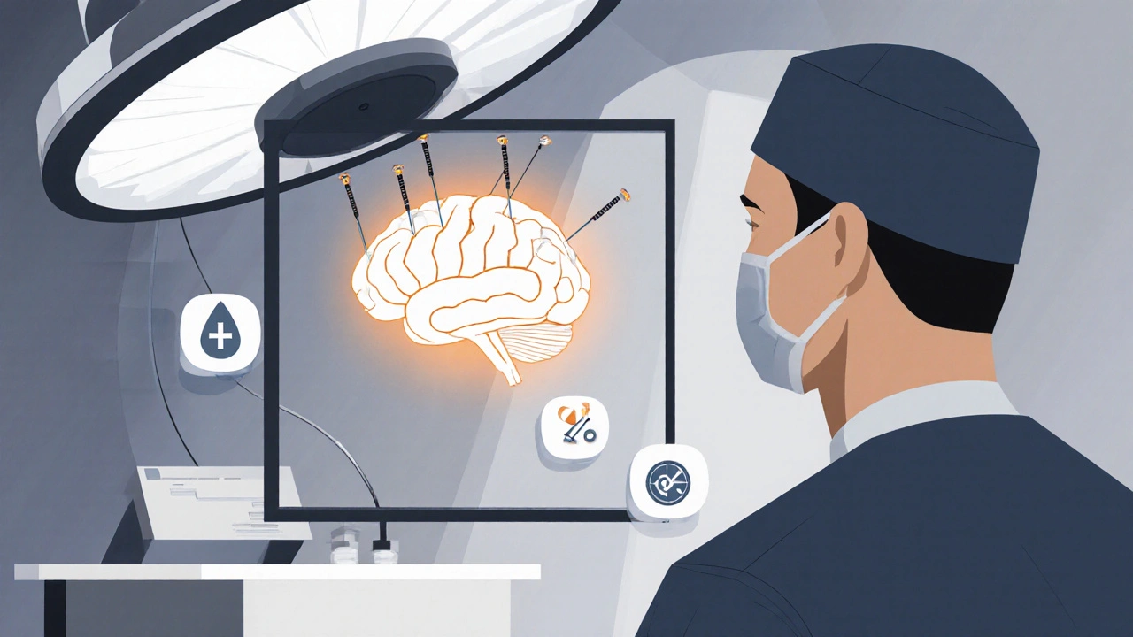Neurosurgeon performing DBS surgery with abstract brain mapping and floating symptom icons.