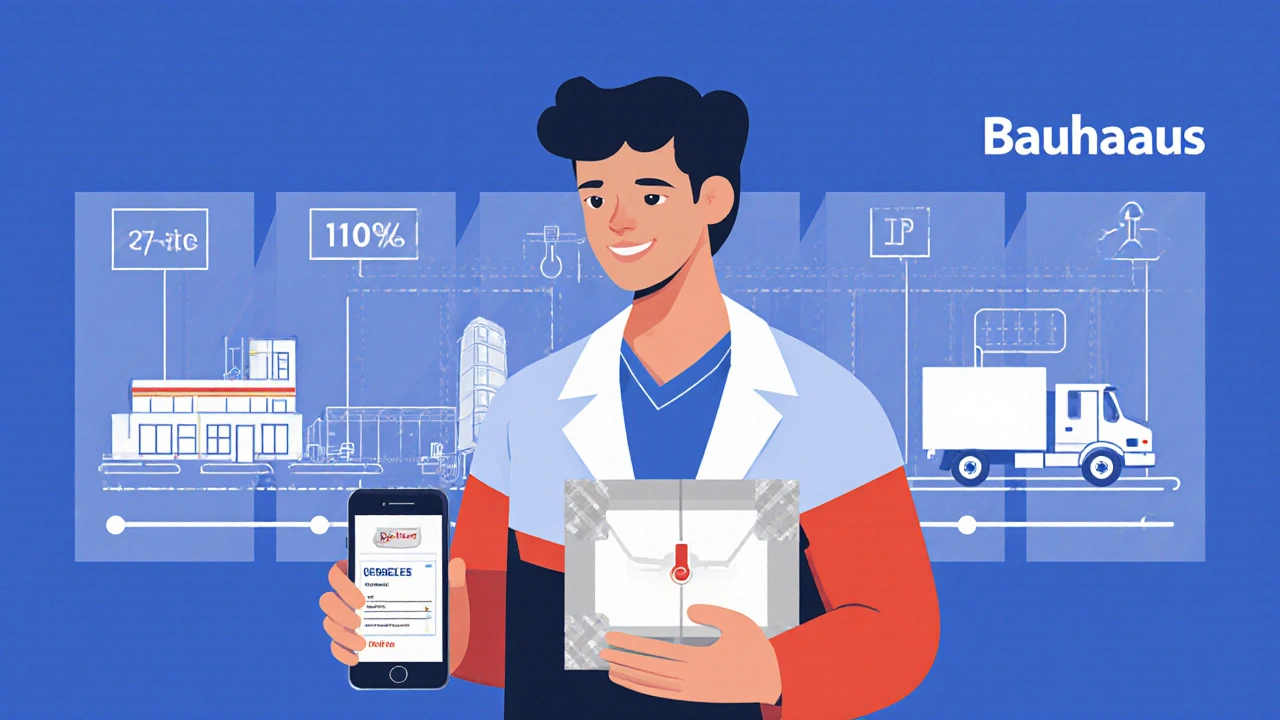 Patient holding sealed prescription box with smartphone showing real-time temperature alert, surrounded by delivery timeline graphics.