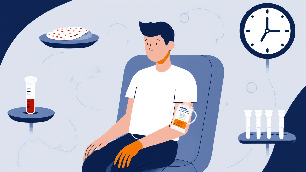 Patient receiving Rituximab infusion with abstract symbols of treatment timeline and diet.