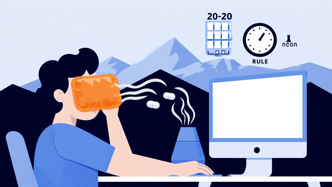 Person using warm compress and humidifier with 20-20-20 rule elements in Bauhaus design