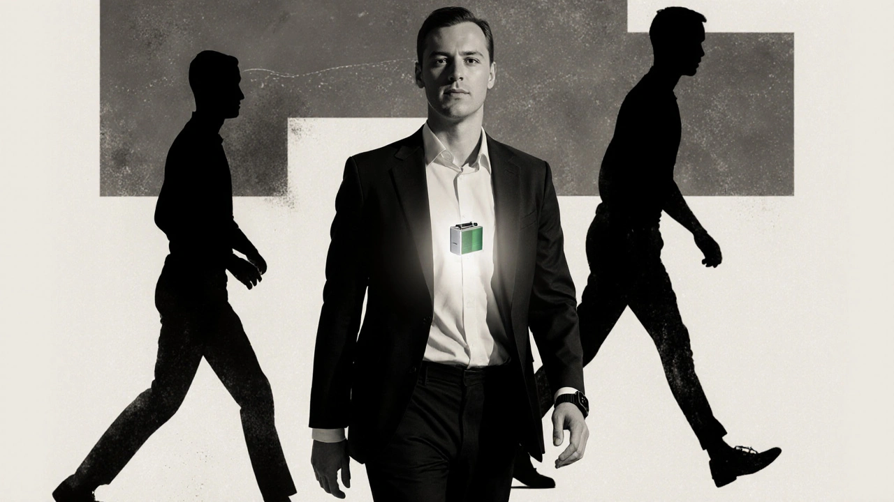 Person walking free from tremors, with DBS device and smartwatch syncing for adaptive therapy.