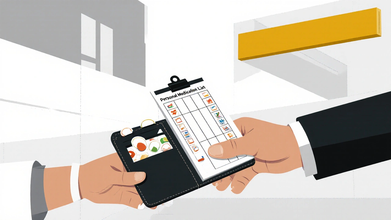 Personal medication list in grid form being handed to a senior, wallet with list inside.