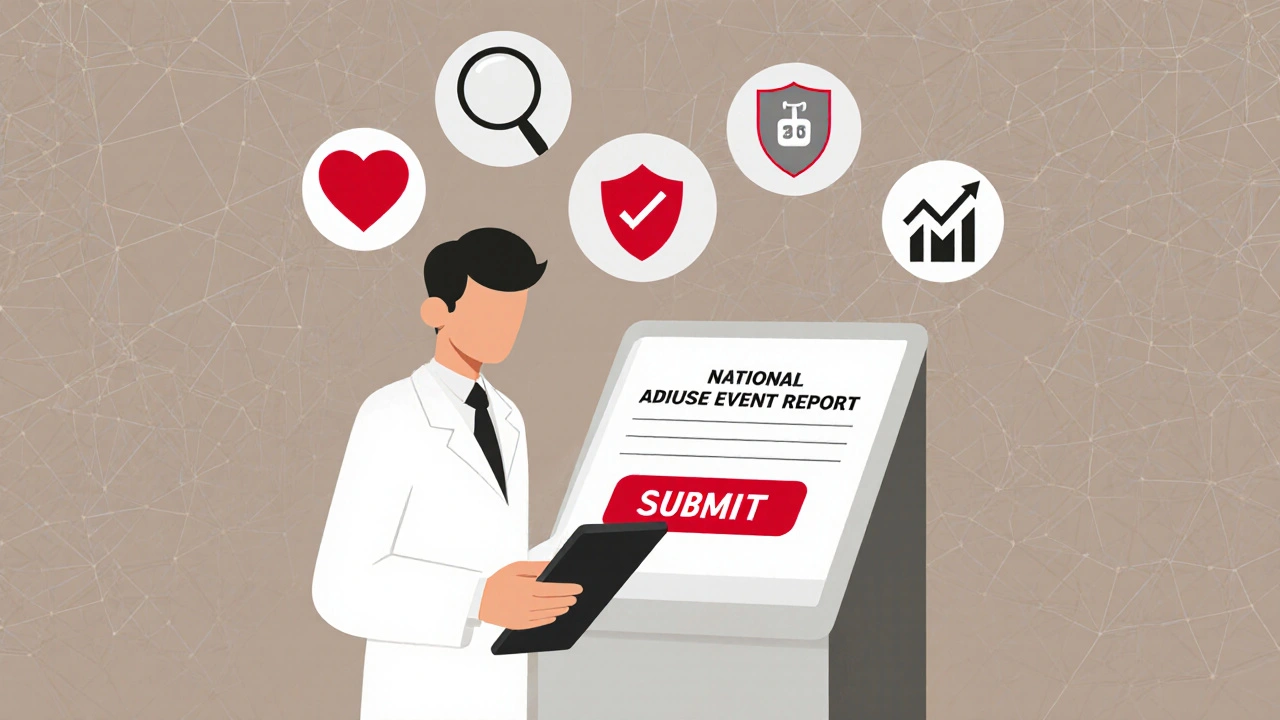 Pharmacist submitting report on tablet, floating safety icons and geometric data networks in background.