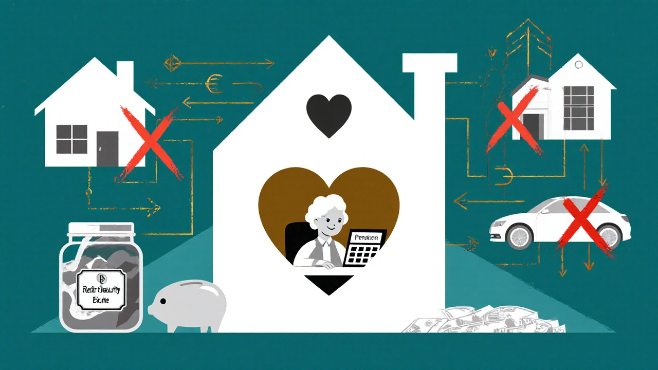 Senior at home with income streams flowing in, assets marked with Xs