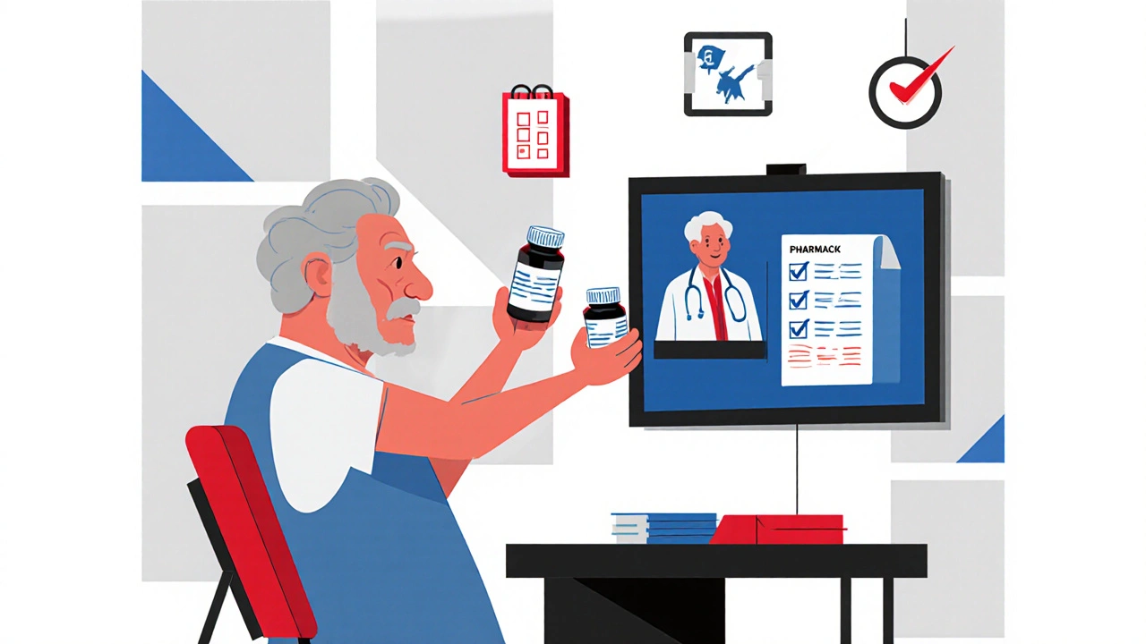 Senior showing medicine bottles on video call to a pharmacist in a minimalist office.