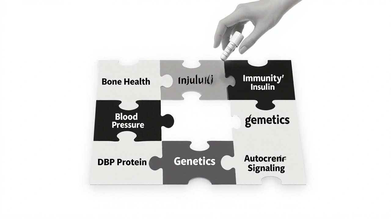 Seven geometric puzzle pieces representing vitamin D functions, with one missing and a pill above.