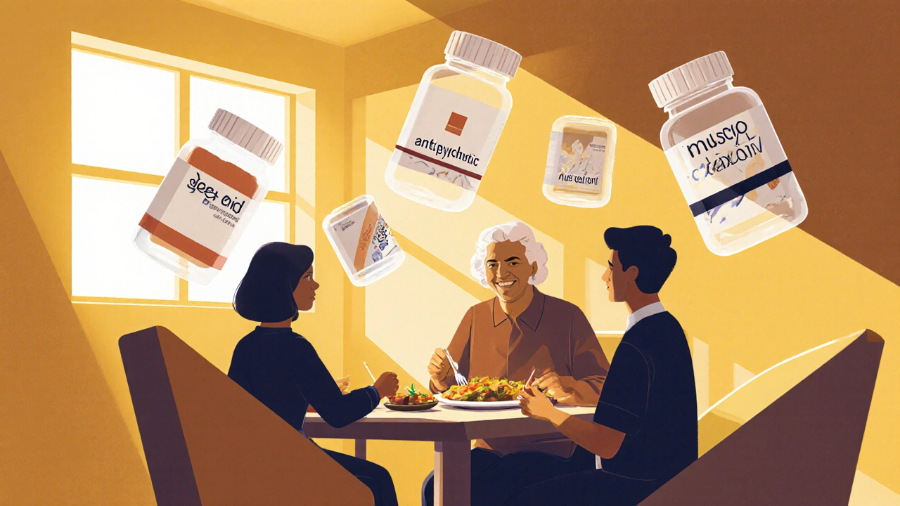 Smiling elderly woman enjoying a meal, transparent medication bottles floating away around her.