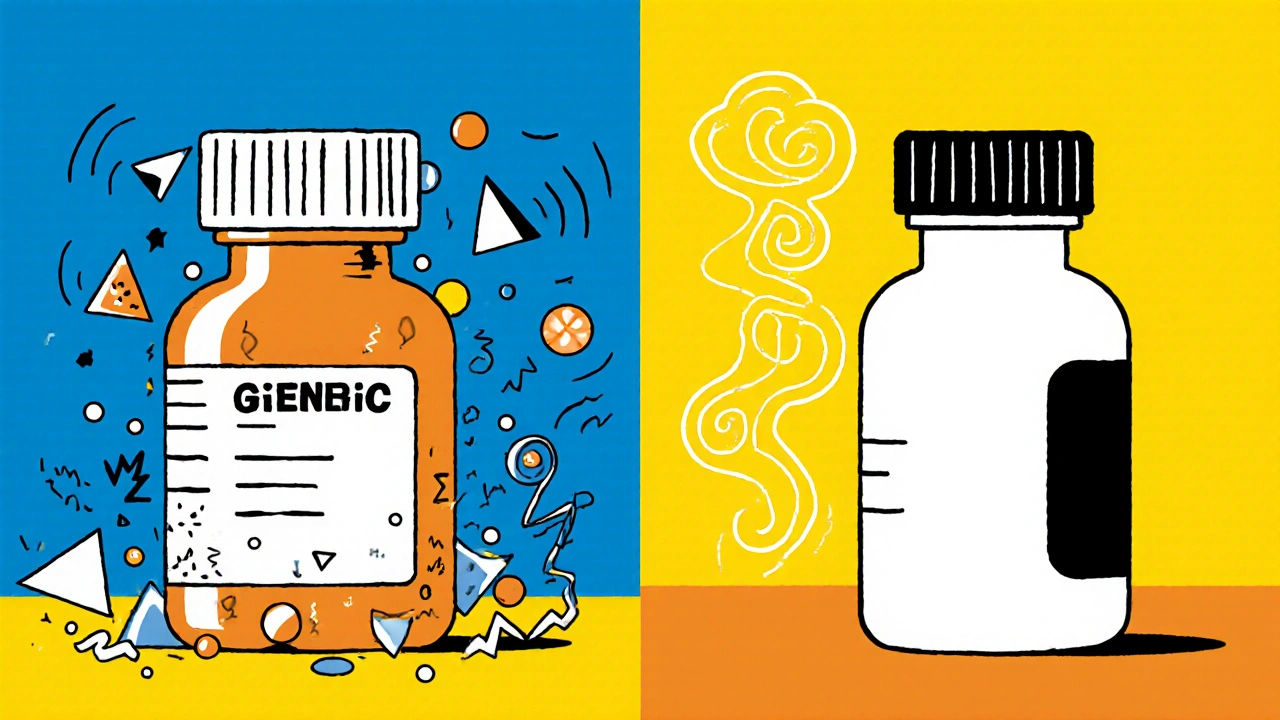 Split image: generic drug with chaotic excipient shapes causing symptoms, brand drug with smooth forms.