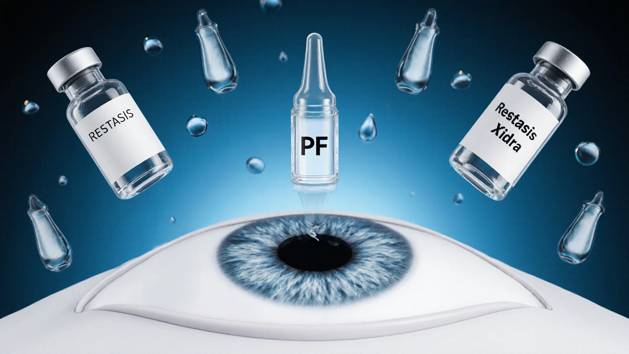 Tear duct blocked by a plug with preservative-free vials and dissolving pills in abstract form