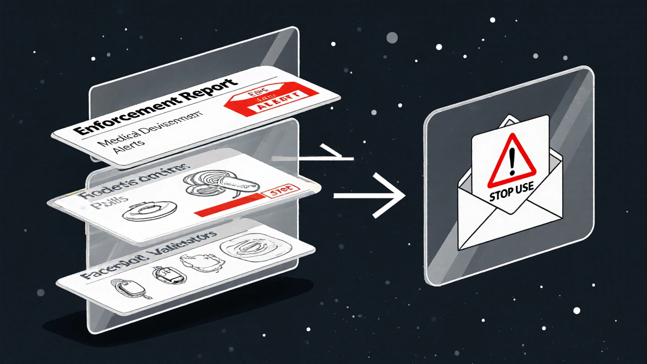 Three transparent layers of FDA alert systems connected to an email inbox in abstract design.