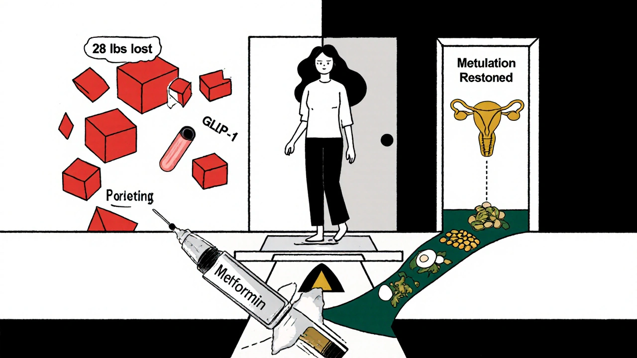 Woman stepping into restored ovulation with shrinking fat and metabolic bridge in Bauhaus design