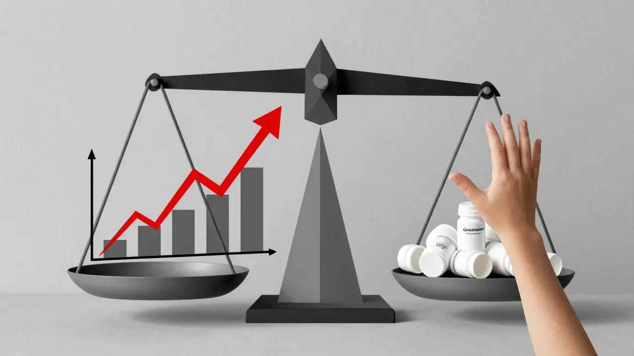 A broken scale contrasts pharmaceutical profits with empty medicine bottles and a child's outstretched hand.