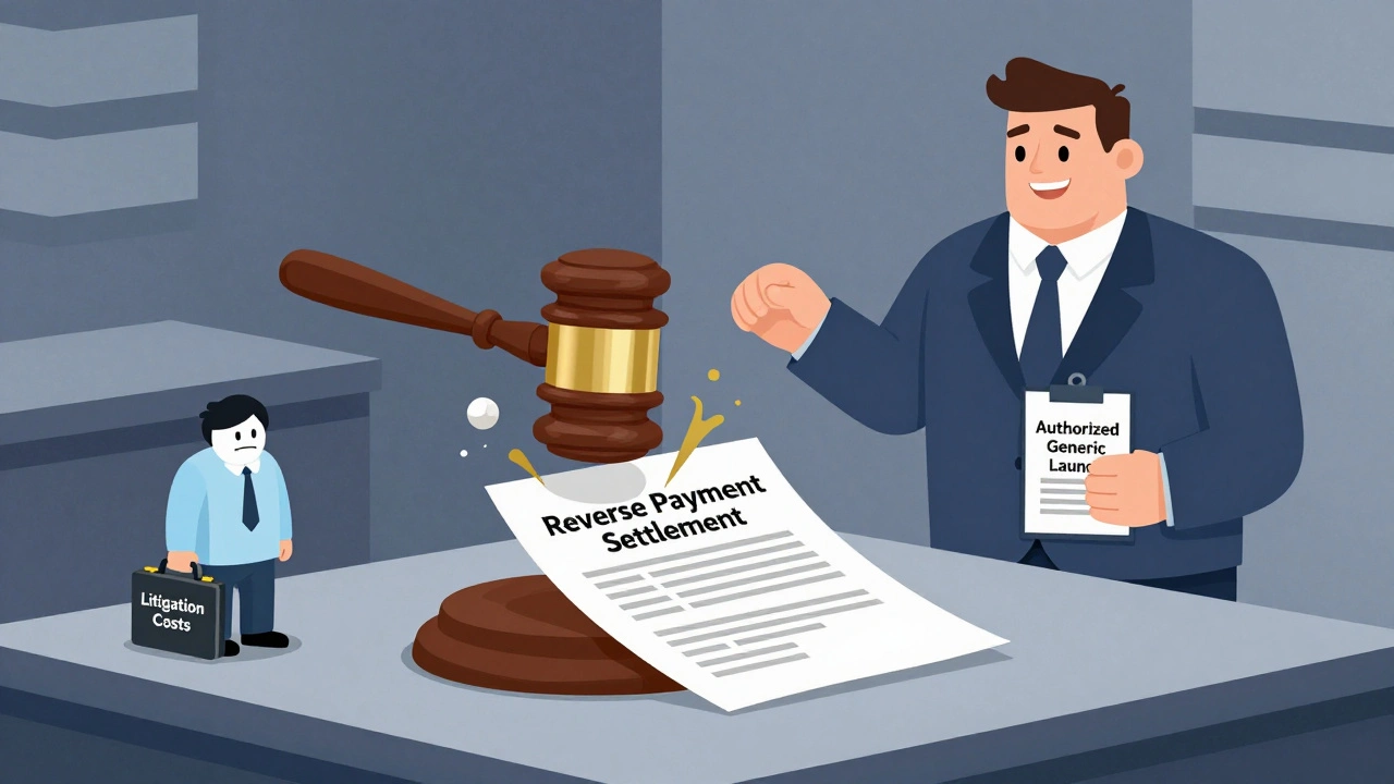 A courtroom scene with a pill-shaped gavel crushing a reverse payment deal between generic and brand companies.