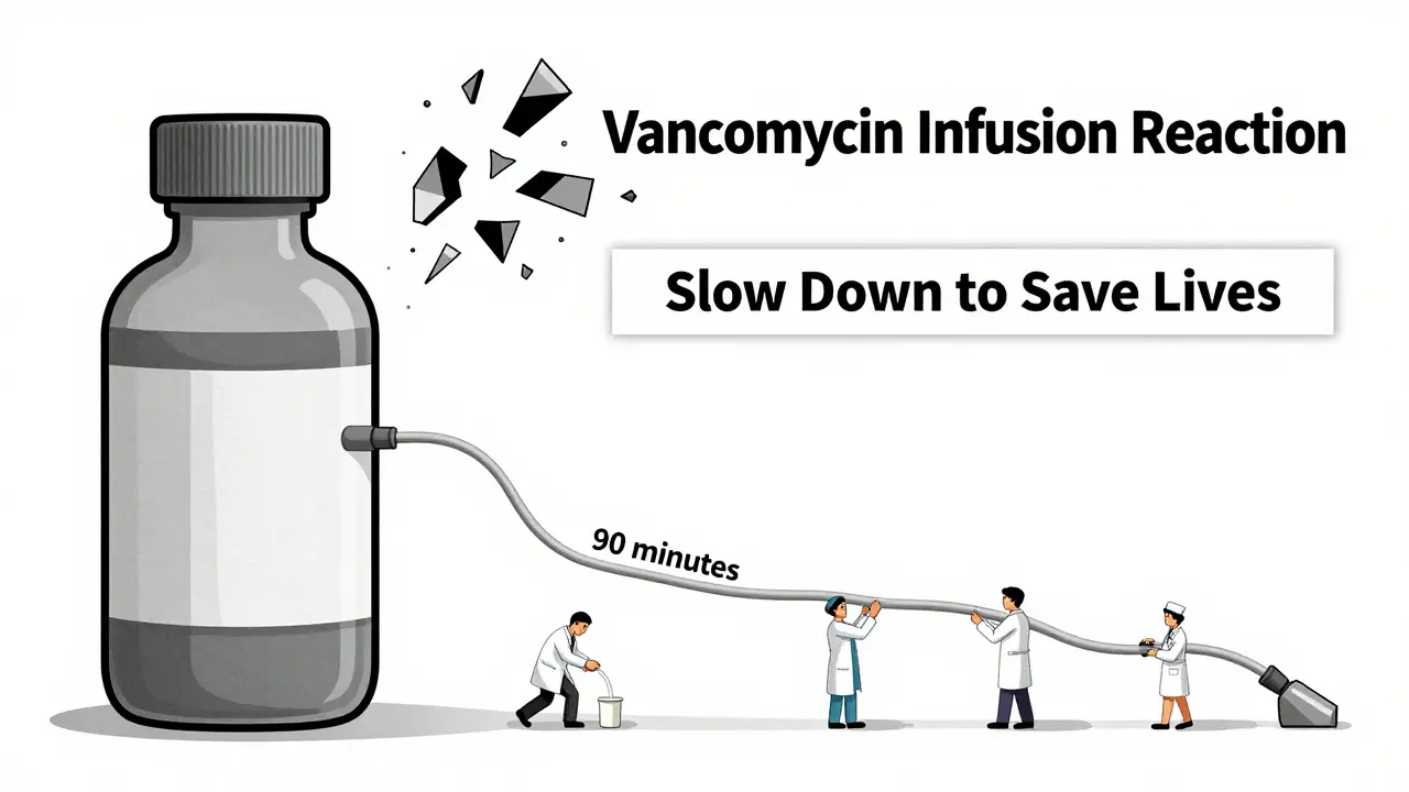 A giant vancomycin bottle pours slowly through a long tube, with geometric text emphasizing safe infusion rates.