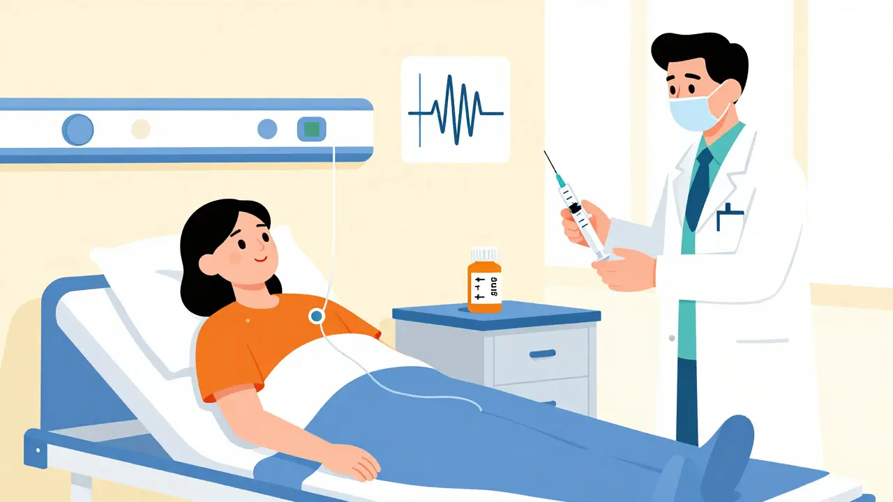 A hospital scene with a CGM waveform, insulin syringe, and tapering steroid pills in minimalist Bauhaus design.