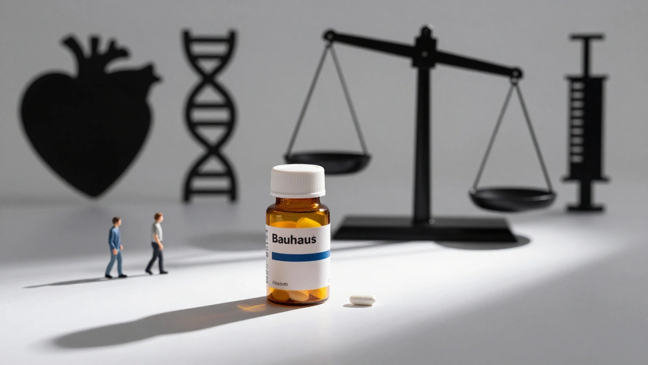 A large branded pill bottle casts a shadow over a small generic pill, with a tilted scale and abstract medical symbols in the background.