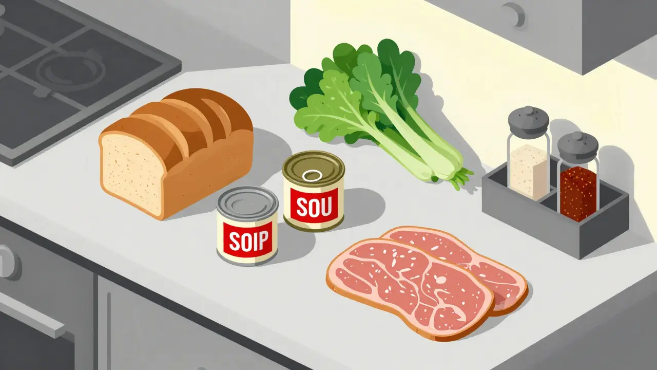 A minimalist kitchen counter with high-sodium packaged foods next to fresh herbs and spices in geometric arrangement.