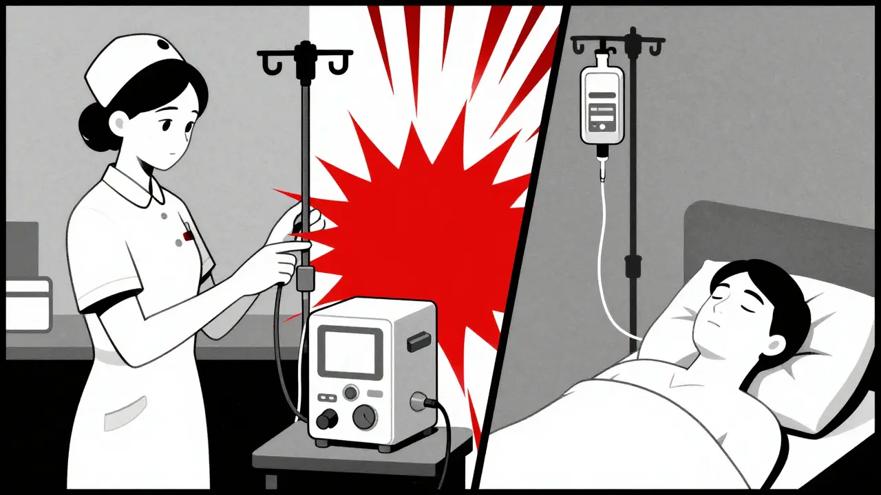 A nurse adjusts an infusion pump with split visuals showing fast vs. slow vancomycin delivery in abstract Bauhaus design.