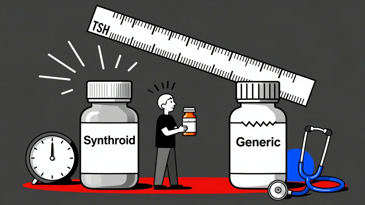 A patient caught between brand and generic medication bottles with a tipping TSH scale above.