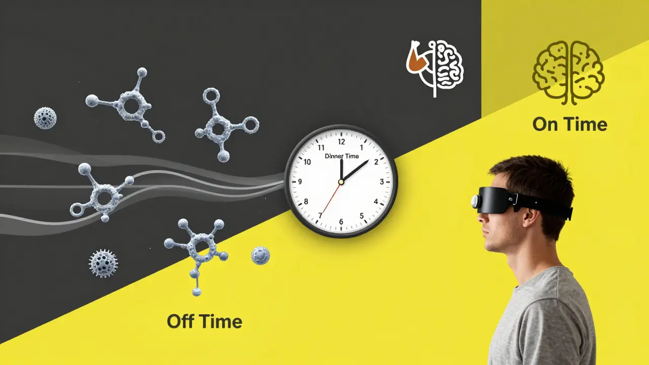 A patient with wearable sensor and protein molecules redirected to dinner, symbolizing timed medication effectiveness in Bauhaus abstraction.