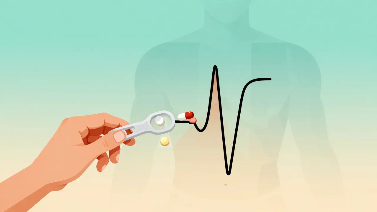 A pharmacist giving a patient a pill splitter as a transparent body shows steady vs. spiked blood concentration curves.