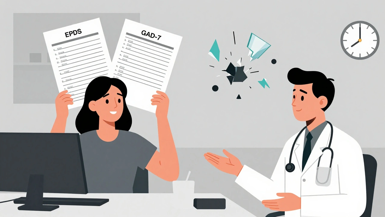 A woman with screening scales above her head, doctor listening in a clinical setting.