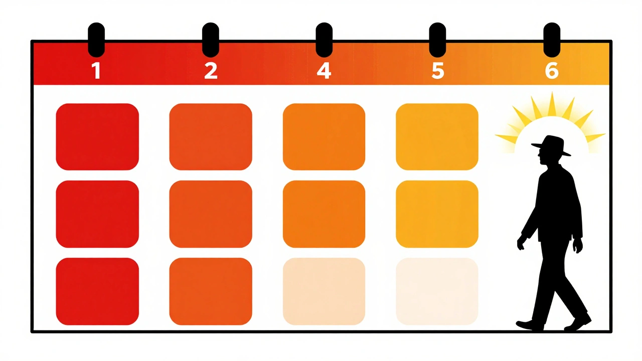Calendar with 14 colored blocks showing medication and lingering sun sensitivity risk, person walking away.