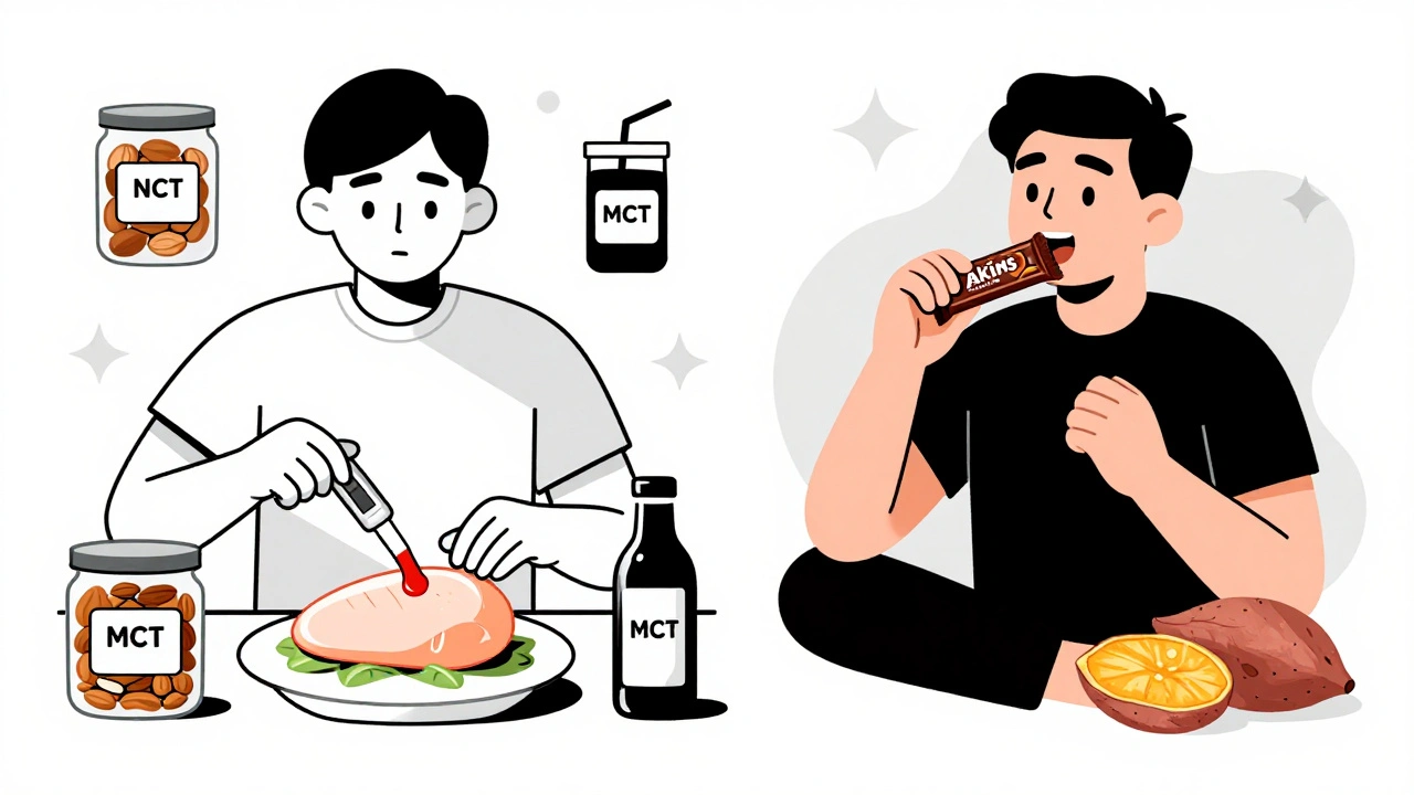 Contrasting diners: one measuring protein strictly, the other enjoying an Atkins bar and sweet potato in minimalist style.