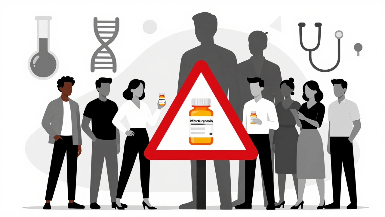 Diverse individuals hesitating before nitrofurantoin pills, with warning signs and medical icons in Bauhaus design.