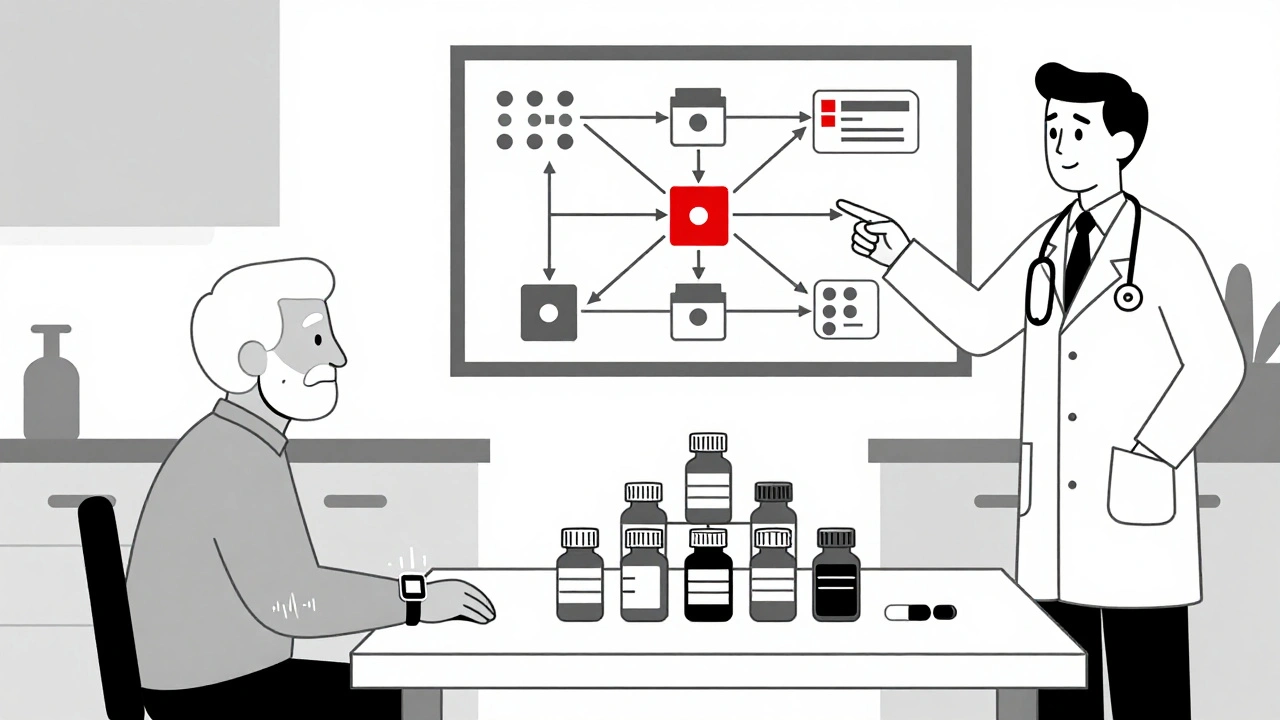 Elderly person with pill organizer and wearable device, surrounded by drug interaction chart.