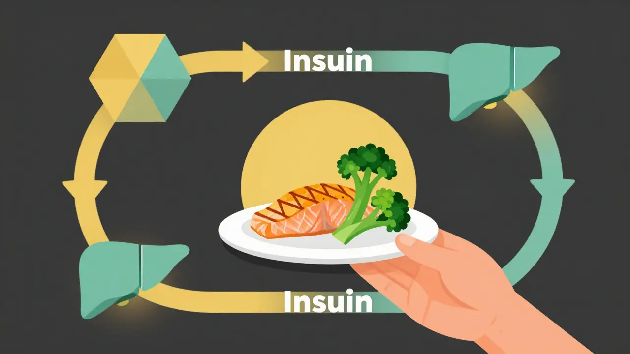 Geometric metabolic loop of insulin, belly fat, and hormones being broken by a plate of salmon and broccoli.