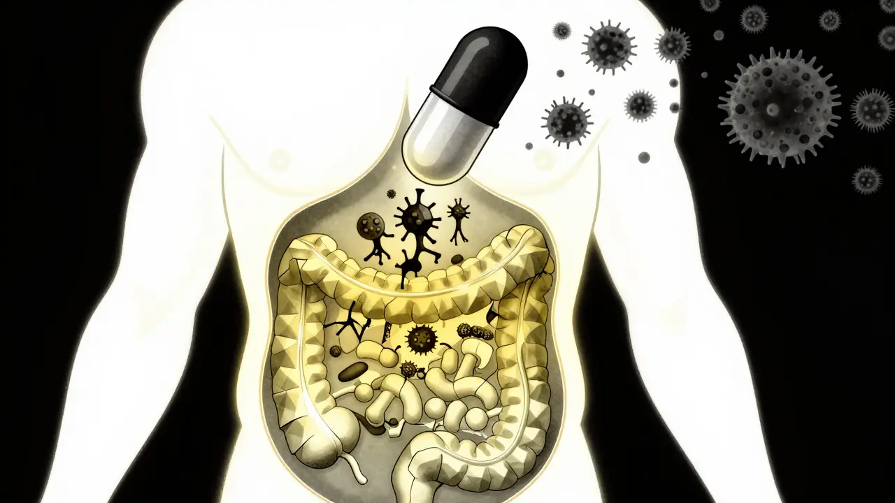 Human torso with gut being restored by geometric microbes from a capsule, C. diff spores fading away in Bauhaus style