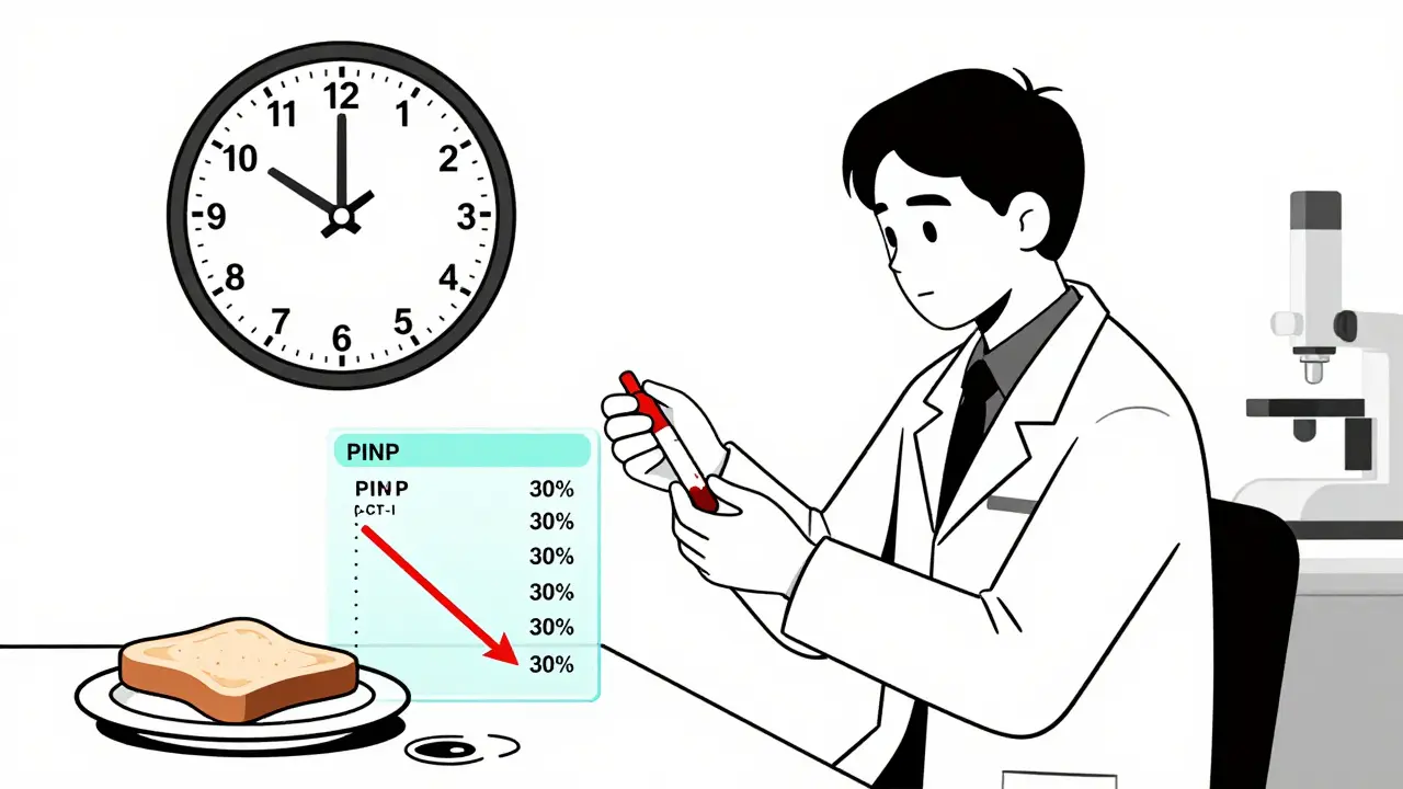 Lab technician drawing blood at 8 a.m. with fasting breakfast discarded and bone marker data floating nearby.
