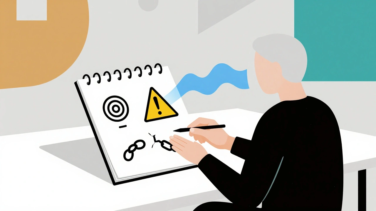 Minimalist scene showing thought patterns being recorded in a notebook with abstract icons.