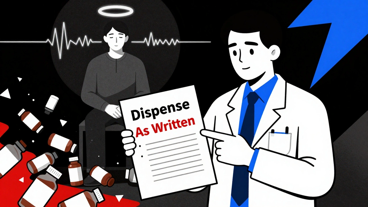 Neurologist stops generic substitution with &#039;Dispense As Written&#039; stamp, patient calm amid chaotic bottles.