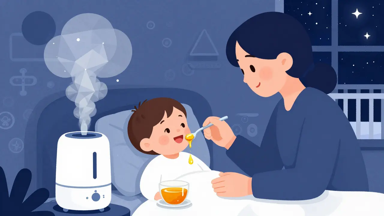 Parent giving honey to a child at bedtime with a cool-mist humidifier in the room