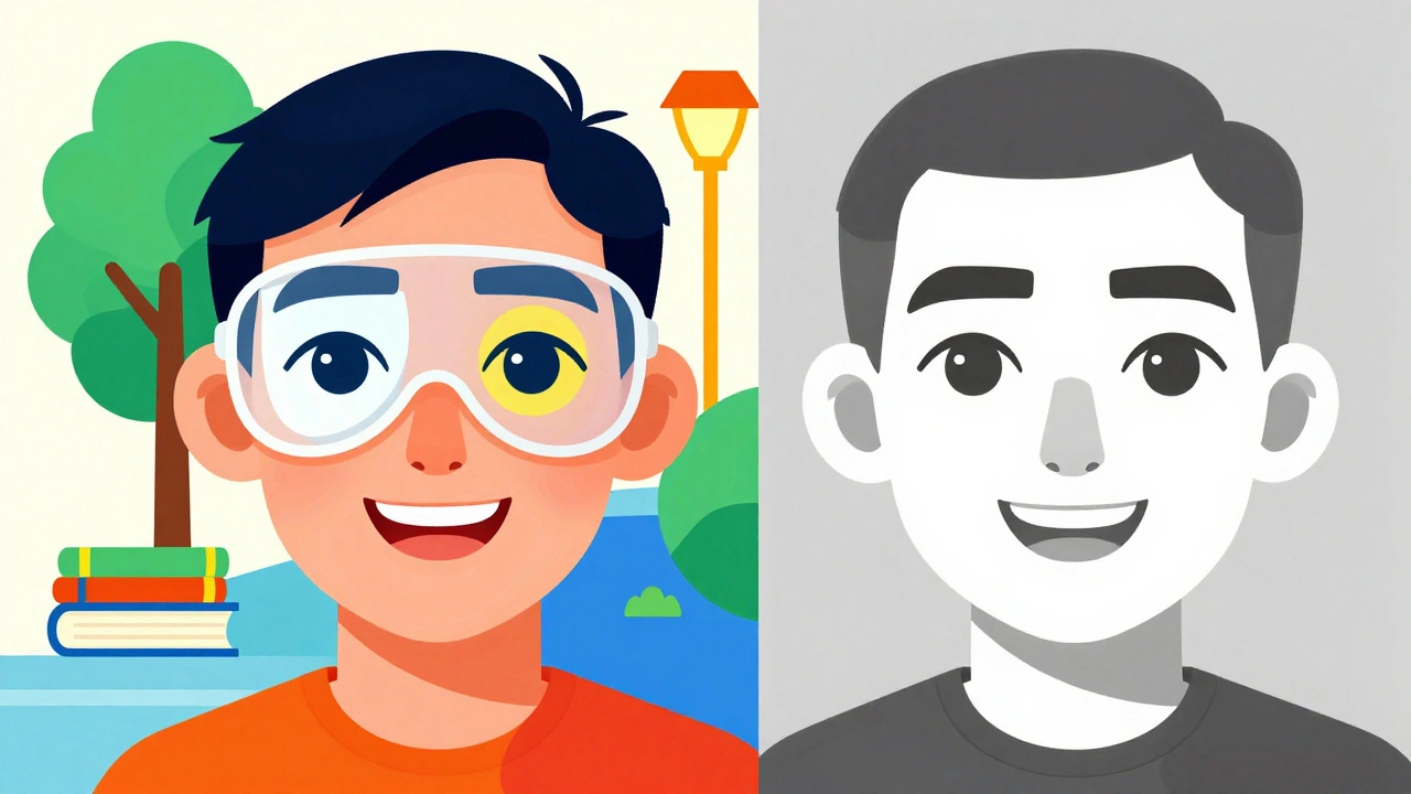 Patient experiencing vivid colors after cataract surgery, one eye still shielded.