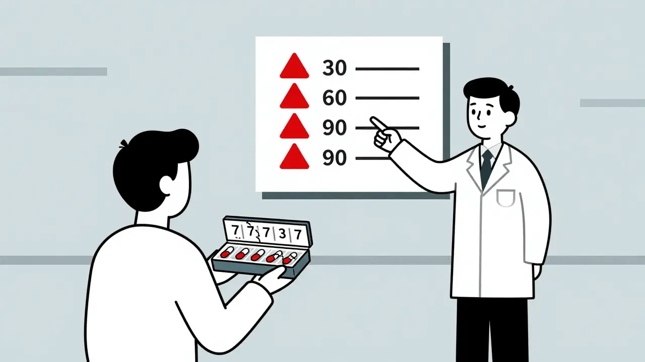 Patient holding a pillbox with bad pills while pharmacist points to expiration timeline chart.