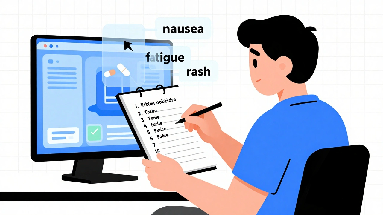 Patient logging symptoms while AI keywords float nearby, connected to medication icons.
