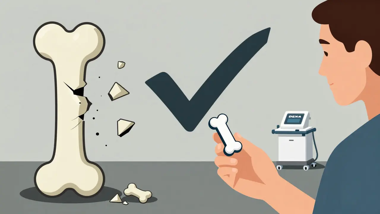 Patient with transforming bone fragments symbolizing treatment response, DEXA machine in background.
