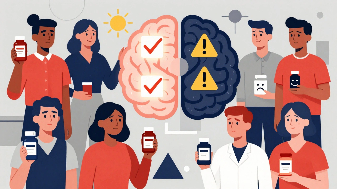 Patients holding pill bottles with contrasting packaging, surrounded by a split brain showing positive and negative perceptions.