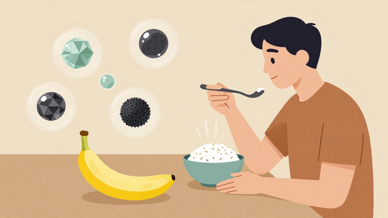 Person eating a balanced meal with abstract symbols of digestive aids floating nearby.