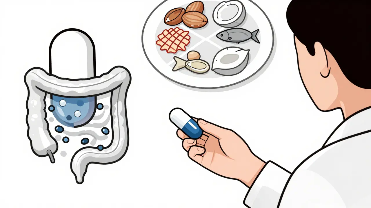 Pharmacist giving a lipid capsule to a patient, with abstract gut and fatty foods in Bauhaus design.